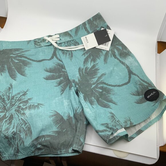 🏄‍♂️ NWT RVCA Men's Board Shorts - Size 31 - Aqua, Grey Palm Tree Print